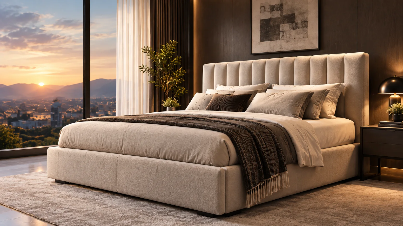 Luxury upholstered bed in a modern bedroom with a panoramic sunset city view
