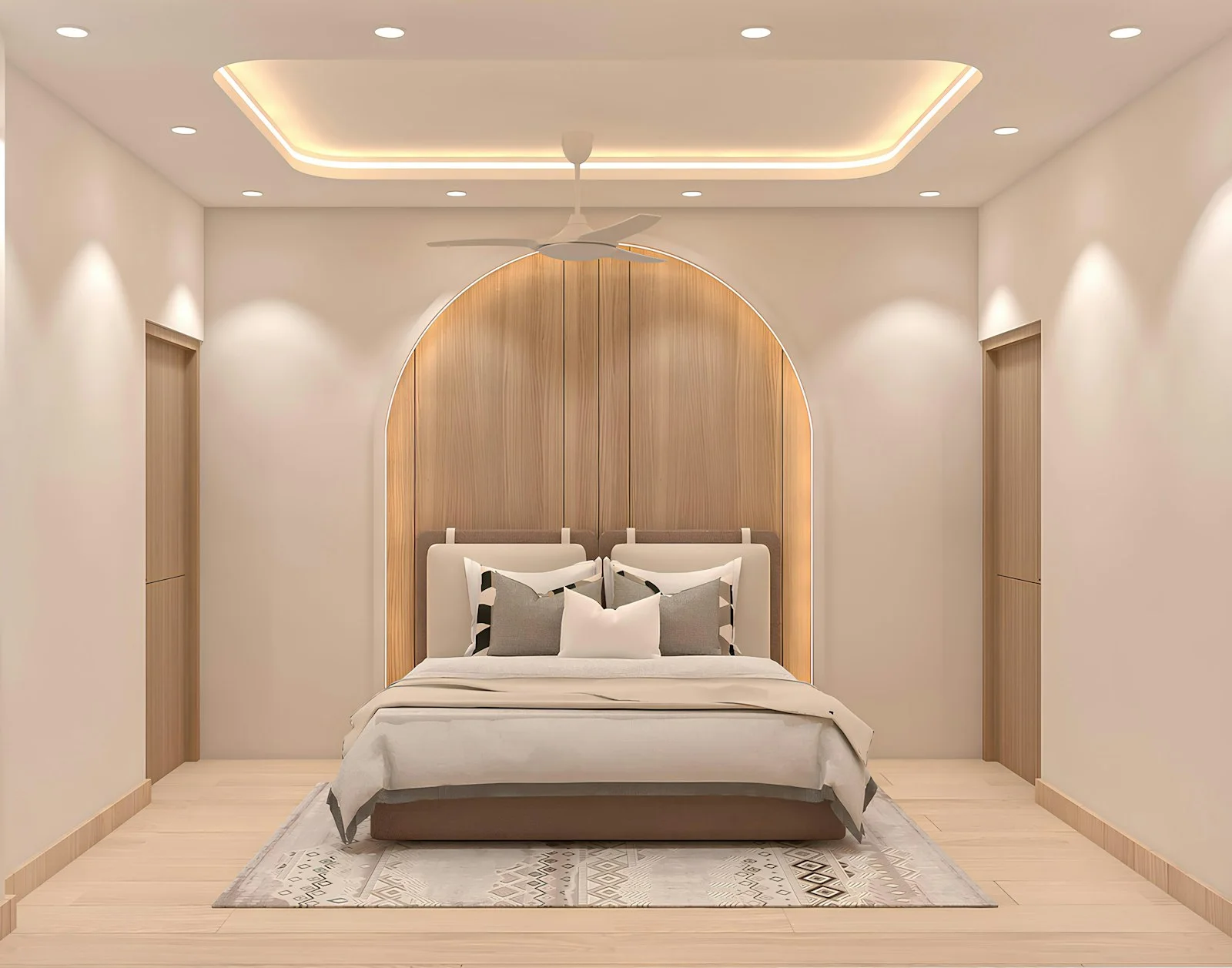 Warm bedroom with an arched wood headboard nook and upholstered bed