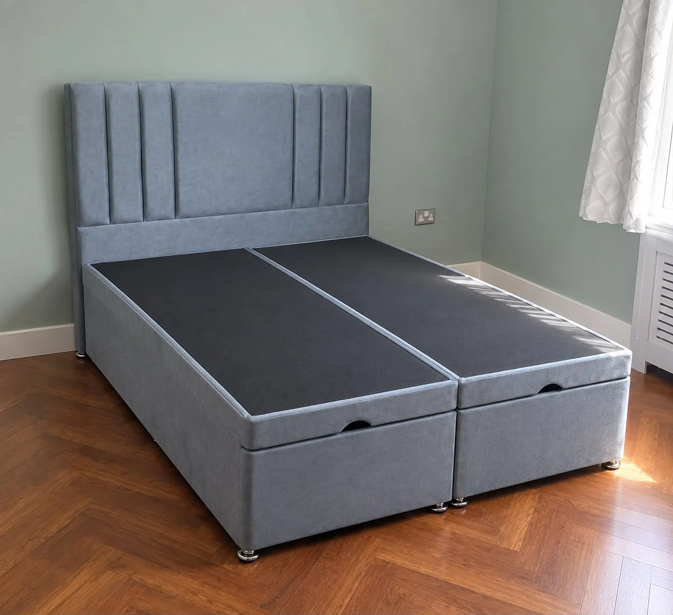Plush Slate Blue Vertical Panel Divan Storage Bed