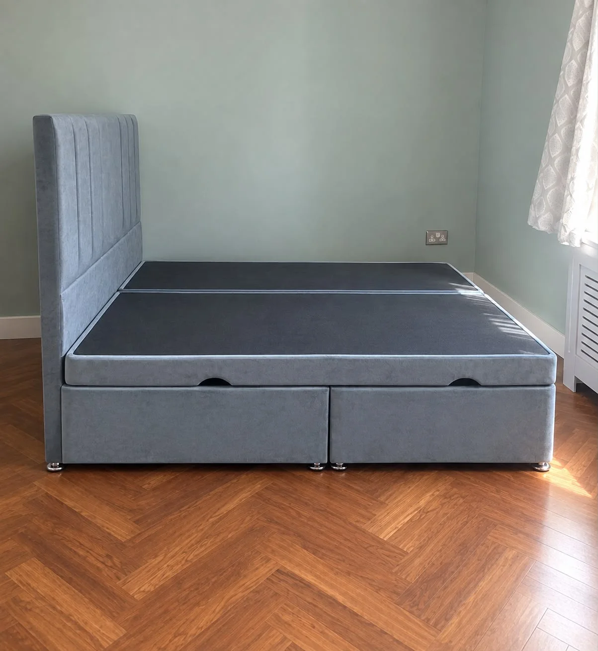 Plush Slate Blue Vertical Panel Divan Storage Bed