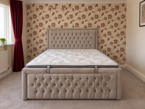 Luxury Beige Chesterfield Diamond Tufted Ottoman Storage Bed Set