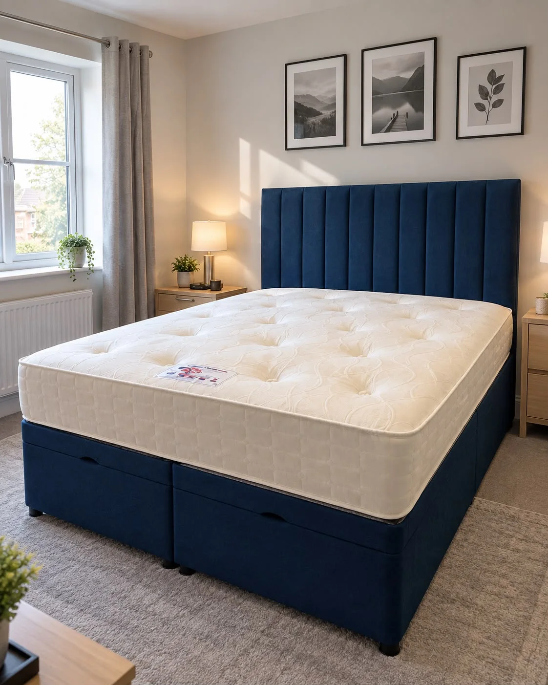 Modern Navy Blue Vertical Channel Divan Storage Bed Set