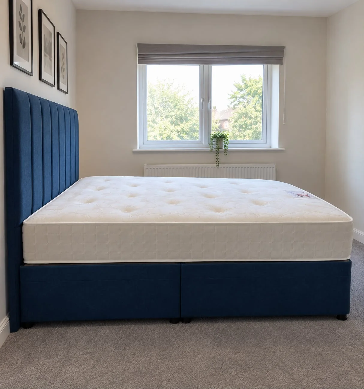 Modern Navy Blue Vertical Channel Divan Storage Bed Set