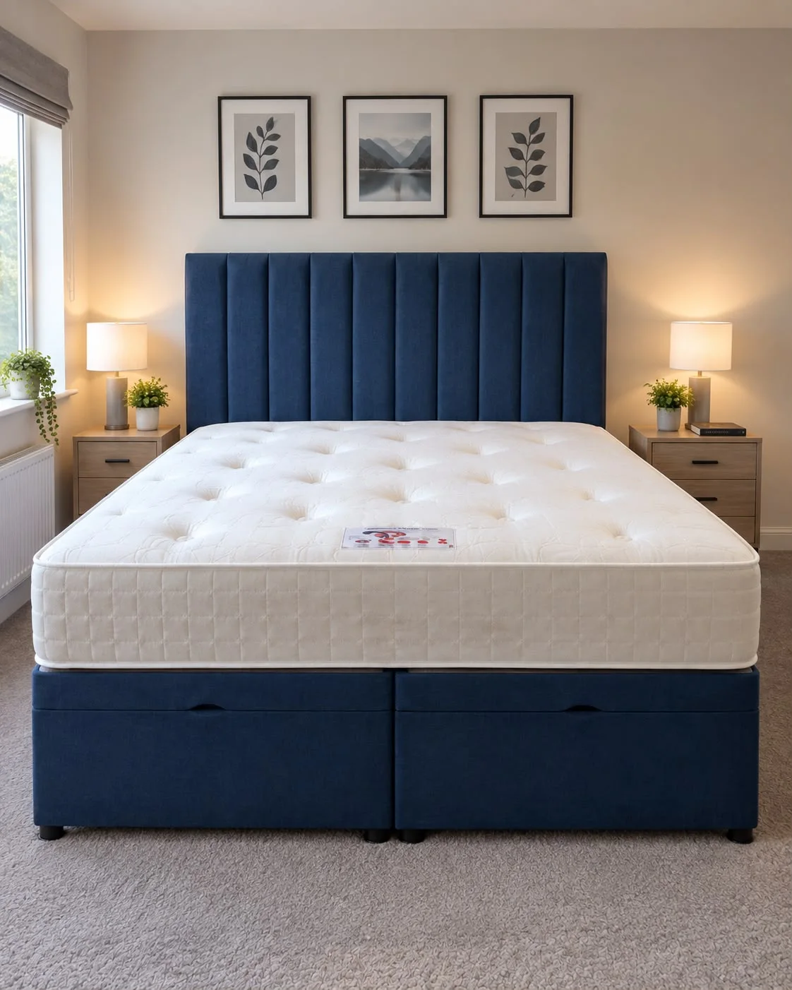 Modern Navy Blue Vertical Channel Divan Storage Bed Set