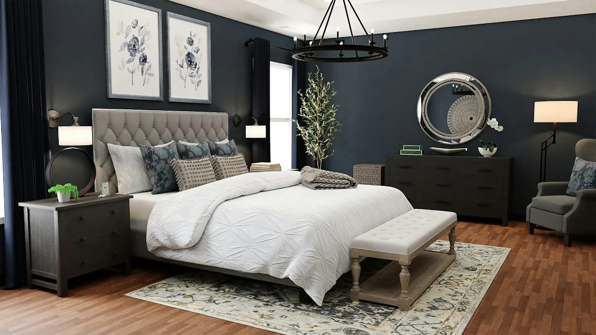 Ottoman storage bed with upholstered footboard in an elegant bedroom