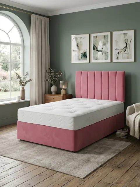 Blush Pink Vertical Channel Divan Storage Bed Set